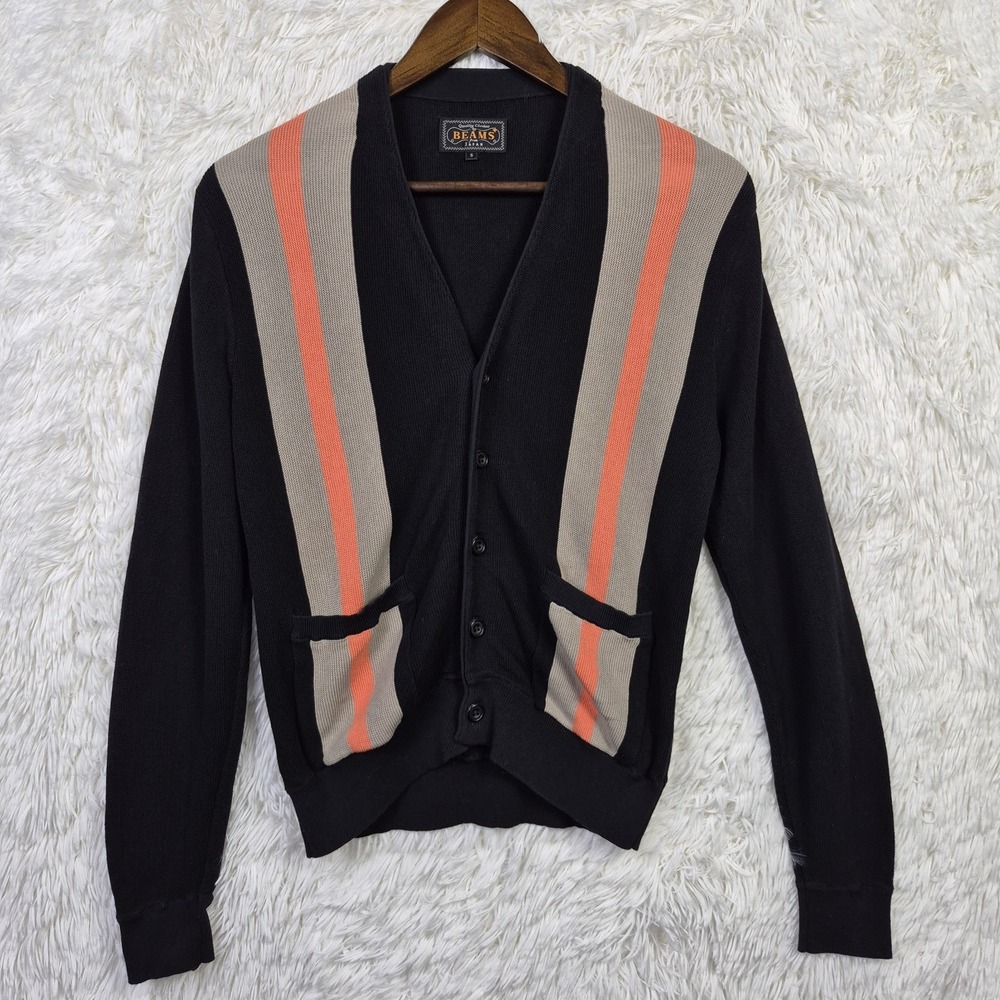 Beams Plus Men Black Striped Knit Cardigan Sweater Small‎ Cotton Retro Panel